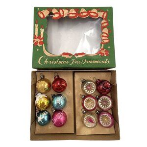 12 Vintage Miniature Mercury Glass Feather Tree Indent Reflector Ornaments W/Box